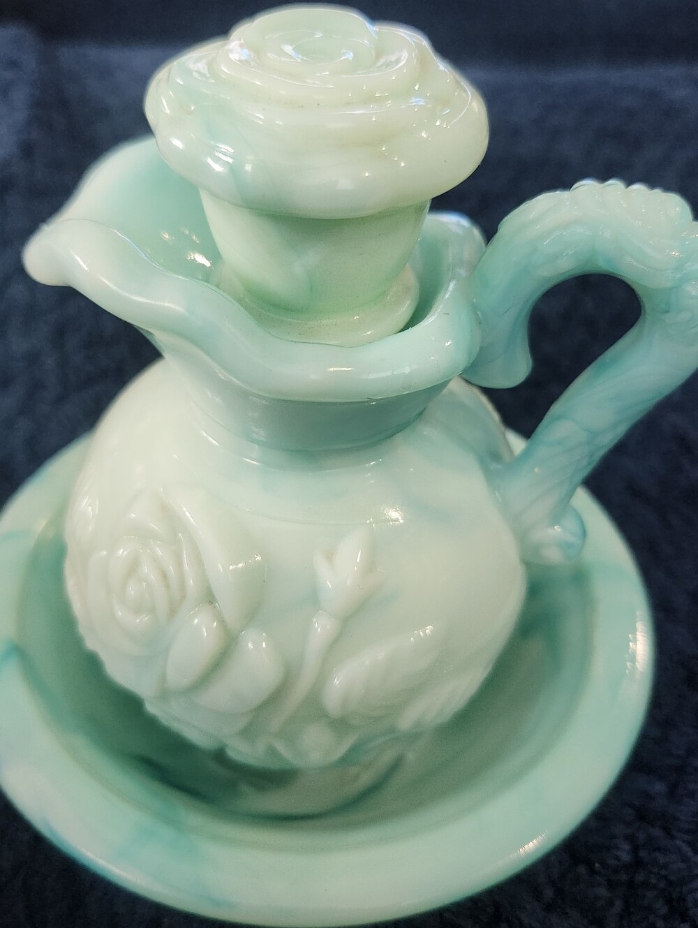 vintage Avon milk glass pitcher, likely from the 1970s or 1980s,
